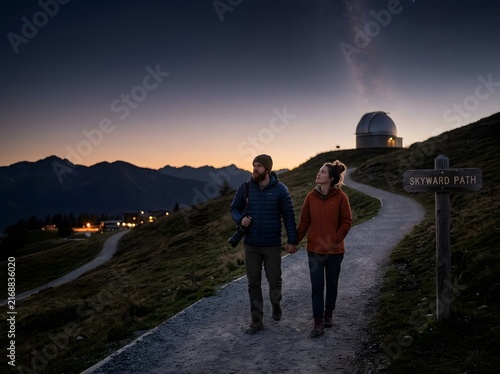 A man and woman in hiking gear holding hands while walking on a mountain trail toward an astronomical observatory dome under a clear twilight sky featuring the Milky Way galaxy.