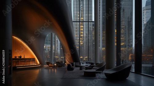 Modern, sleek interior design of a city lobby.