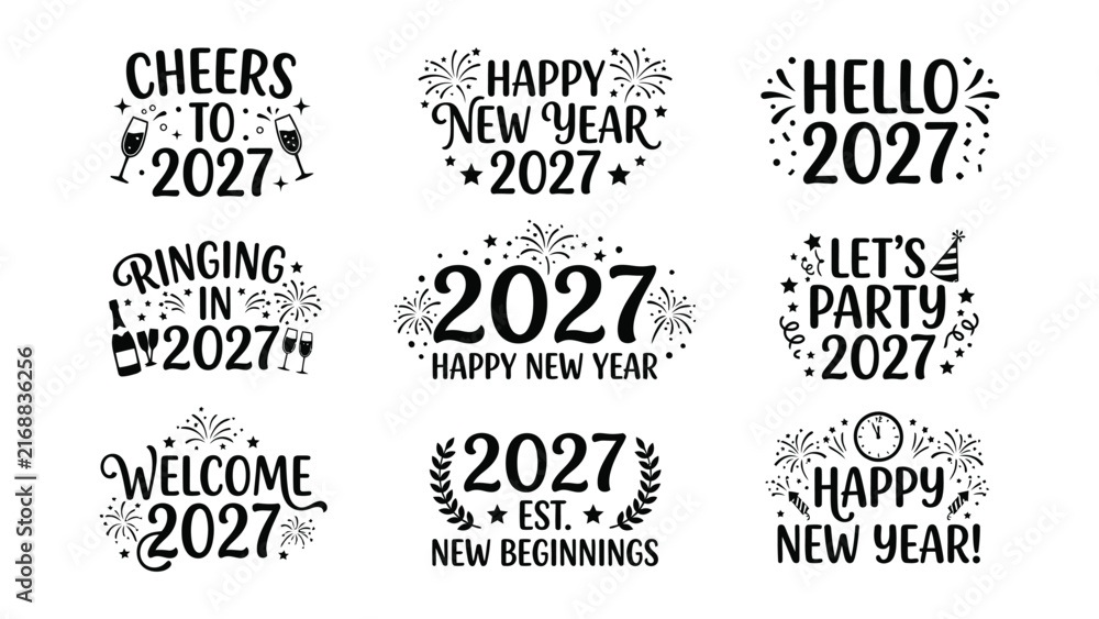 Obraz premium Set of black happy new year 2027 typography quotes and greeting card designs for celebration party