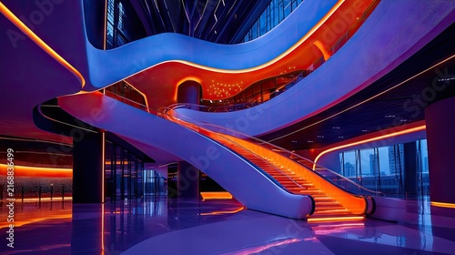 Dynamic interior design with vibrant lighting and curved architectural features.