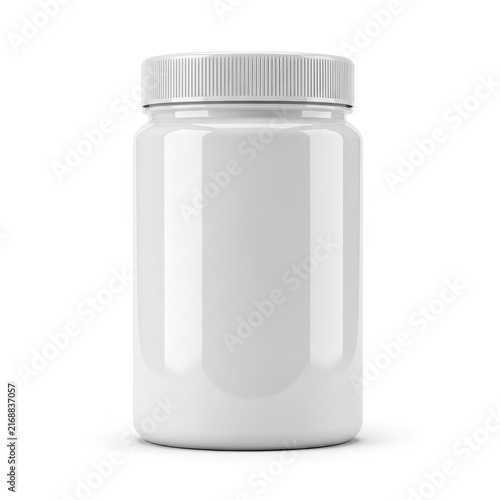 Empty plastic pill bottle with white lid isolated on white background