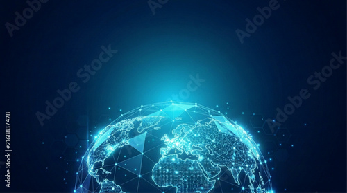 Glowing Digital Planet Horizon with Hexagon Circuit Network Grid
