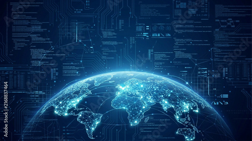 High Tech Digital World Map Globe Horizon with Code Overlay Background