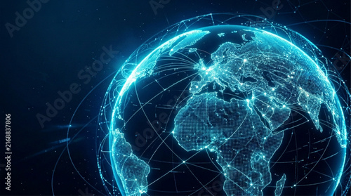 Close Up Angle of Glowing Blue Cyber Digital Planet Earth Network