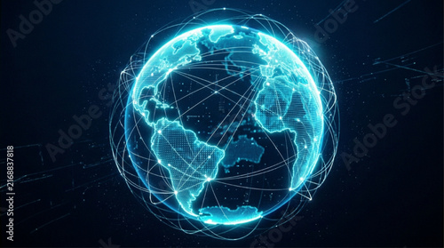 3D Futuristic Glowing Blue Digital Earth Network Globe Concept