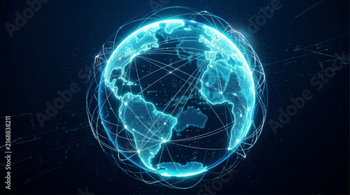 Glowing Cybernetic Planet Earth Globe with Global Data Connections