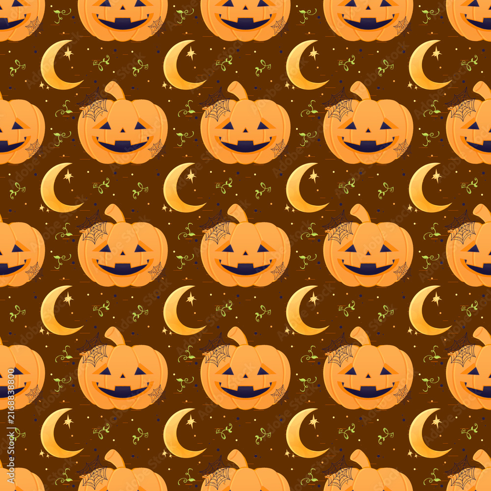 Fototapeta premium Halloween Seamless Pattern with Jack O Lanterns and Crescent Moons