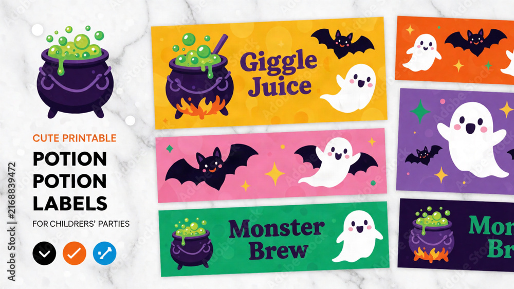Naklejka premium Cute Printable Halloween Potion Labels for Kids Party Top View Studio Product Photography with Colorful Spooky Designs