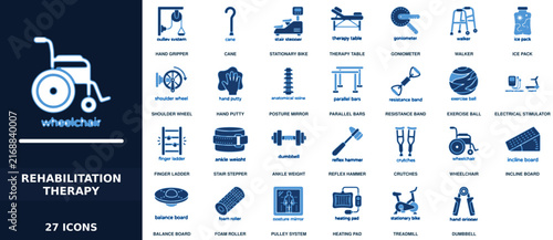 Foto Set of 27 rehabilitation therapy icons including medical equipment, physical the
