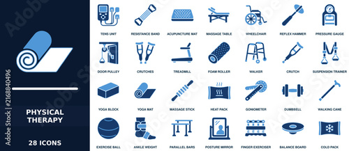 Obraz na plátne Set of 28 physical therapy and rehabilitation equipment icons featuring exercise
