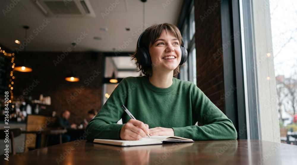 Obraz premium Charming young woman in green sweater and headphones writing in diary during online learning session in cafe near window thoughtful female student self education development concept