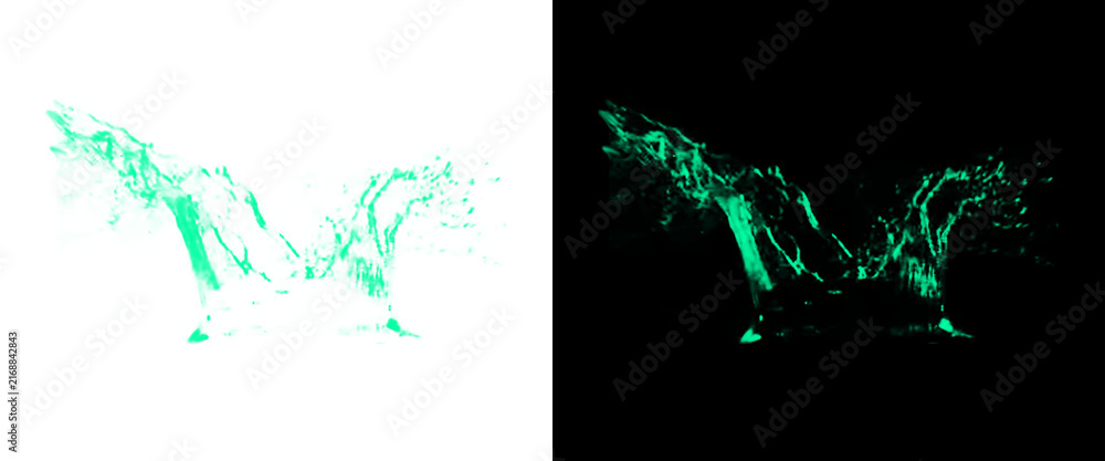 Obraz premium Green water splash on white and black background, dynamic liquid crown splash, fresh mint beverage splashing effect