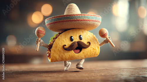 Cute cartoon taco character wearing sombrero and holding maracas with fast food tex mex character