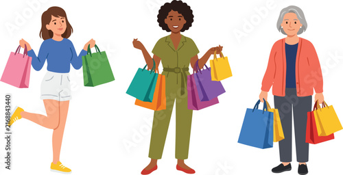 Diverse women holding multiple shopping bags set. Happy female shoppers vector illustration