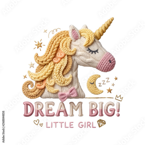 Knitted Texture Unicorn Head With Dream Big Text Embroidery Fashion Illustration