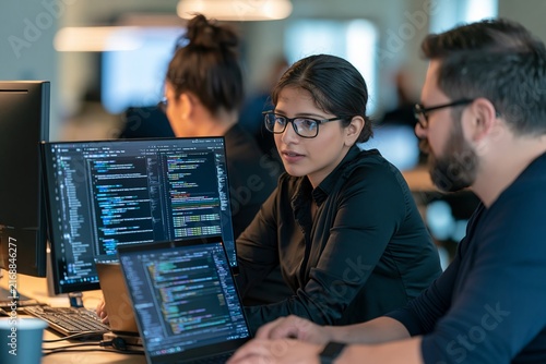 Young software developer woman working on code with a male colleague in a dark tech office