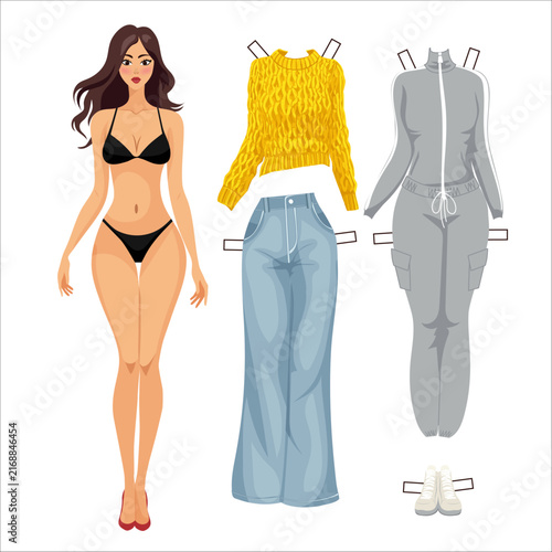 Playful paper doll with clothing sets including warm sweater, jeans, tracksuit and sneakers, designed for children's creativity and imagination development