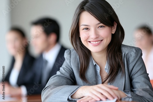 Portrait of a smiling young businesswoman sitting at a conference table with colleagues
