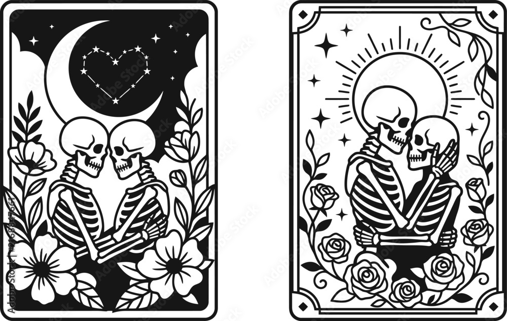 Fototapeta premium A spooky and romantic halloween tarot card depicting skeletons in love embracing under the crescent moon and stars
