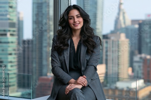 Confident businesswoman in a gray suit sitting by a window overlooking skyscrapers