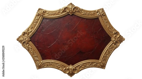 Elegant golden baroque frame with intricate floral carvings around textured deep red cracked canvas