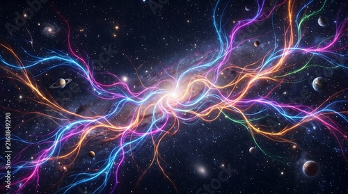 Glowing nebular light streaks across dark starry space background with orbiting planets illustrate cosmic energy flow for science fiction and universe concepts.