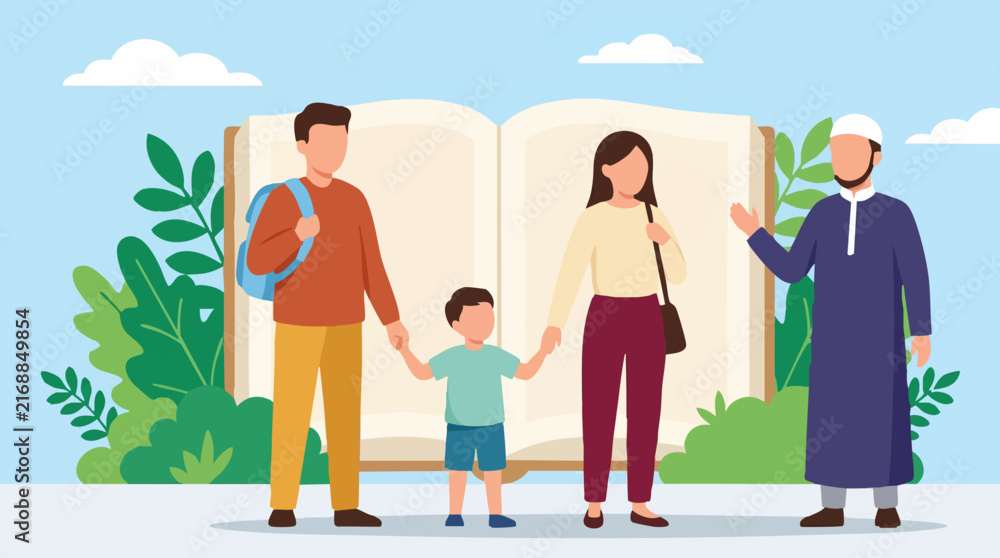 Fototapeta premium Muslim family with child and religious teacher, education and faith concept