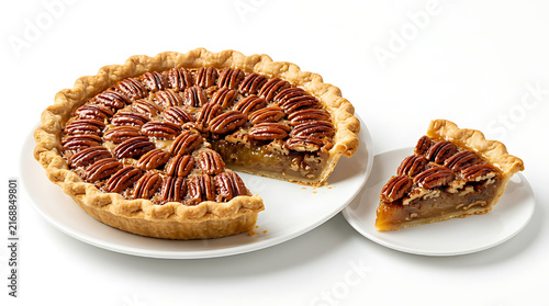 Classic pecan pie with glossy caramelized pecans arranged over rich golden filling, perfectly baked flaky crust, whole pie with one slice removed, isolated on pure white background