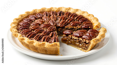 Classic pecan pie with glossy caramelized pecans arranged over rich golden filling, perfectly baked flaky crust, whole pie with one slice removed, isolated on pure white background