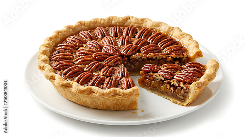 Classic pecan pie with glossy caramelized pecans arranged over rich golden filling, perfectly baked flaky crust, whole pie with one slice removed, isolated on pure white background