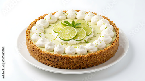 Classic key lime pie with smooth pale green creamy filling, golden graham cracker crust, whipped cream topping and lime slices, isolated on pure white background, premium dessert photography