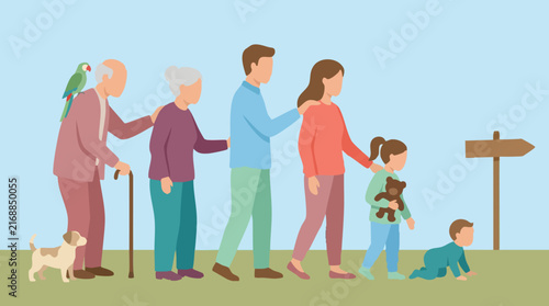 Canvastavla Illustration of multi-generational family showing life's journey and support