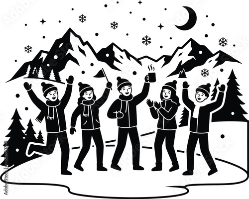 Group of people celebrating outdoors against a snowy mountain range black vector illustration alpine