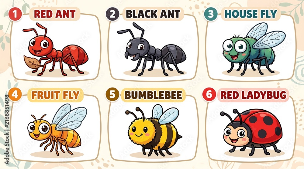 Obraz premium Cartoon insect collection with 6 labeled bugs, cute educational bug set featuring ants, flies, bumblebee, and ladybug for kids learning