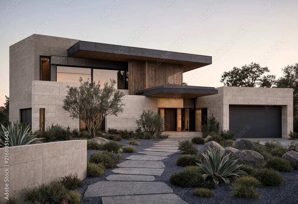 Fototapeta premium Modern Luxury Villa Exterior Stone Wood Landscaping Desert Architecture