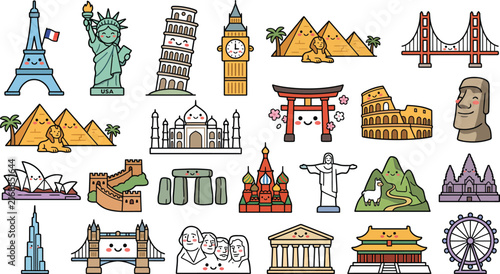 Colorful flat icons of world landmarks and famous travel destinations