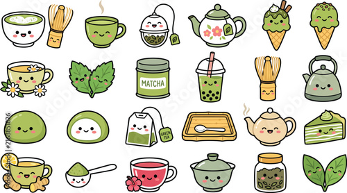Cute matcha tea and dessert kawaii style vector illustrations set
