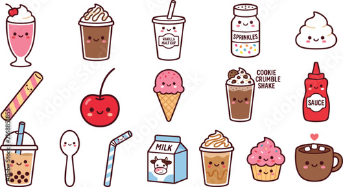 Cute dessert and drink illustrations with smiling faces on white background