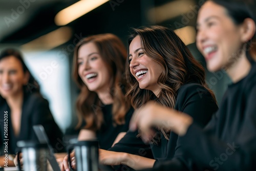Group of cheerful businesswomen laughing and interacting during a meeting in an office space