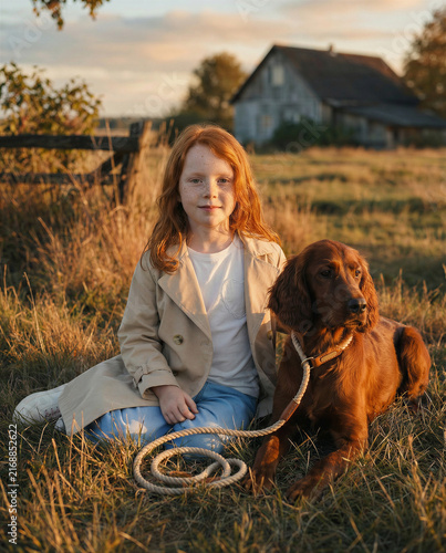 Rustic early autumn photoshoot of a little red-haired girl with a red setter dog near an old barn, warm countryside mood with soft seasonal light