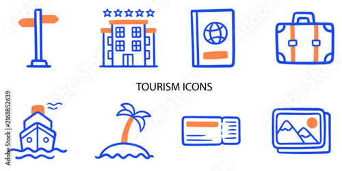 Set of 08 outline Tourism Element icons. Tourism Line icons set. Vector illustration.