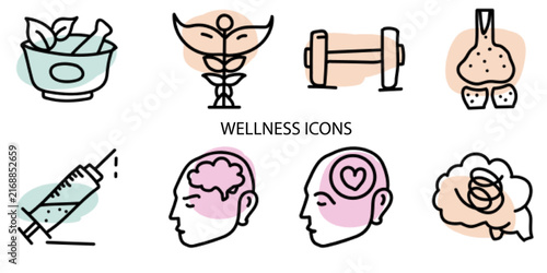 Set of 08 outline Wellness Element icons. Wellness Line icons set. Vector illustration.