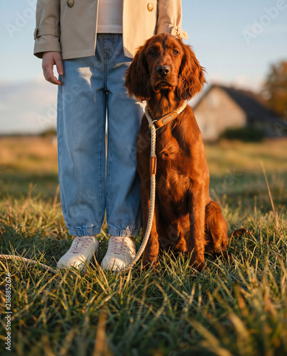 Rustic early autumn photoshoot of a little red-haired girl with a red setter dog near an old barn, warm countryside mood with soft seasonal light