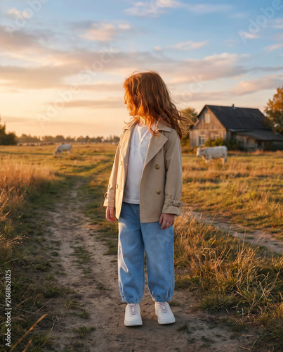 Rustic early autumn photoshoot of a little red-haired girl with a red setter dog near an old barn, warm countryside mood with soft seasonal light