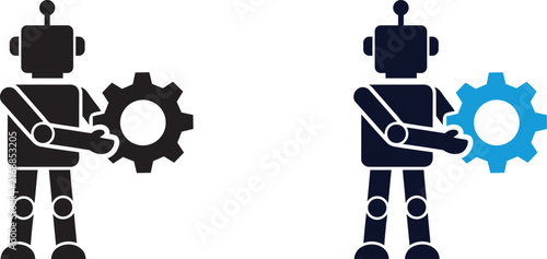 Robot Holding Gear Icon Black and Two Tone Blue AI Automation Technology Vector Design
