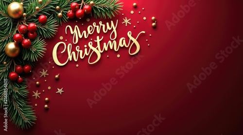 Christmas greeting with festive decorations and red background  