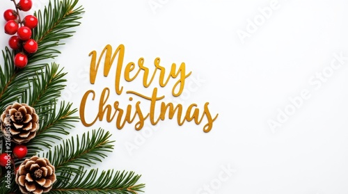 Festive Christmas greeting with pine branches, cones, and berries  