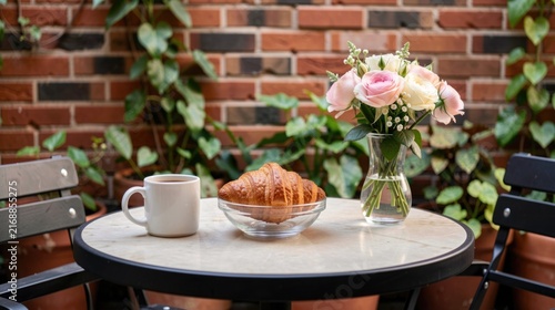 Croissant and coffee on a round table with flowers in a cozy café  
