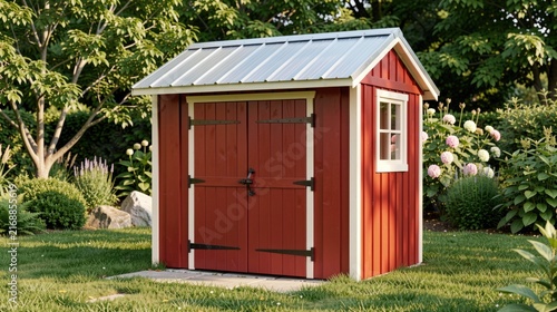 Red garden shed with a sloped roof in a lush backyard  