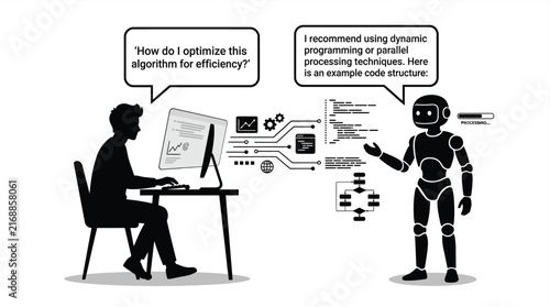 Human and robotic figures discussing code with a computer black silhouette